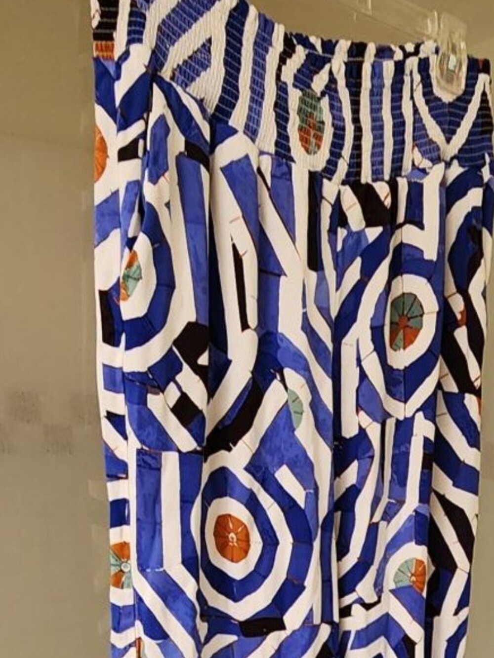 Maeve Anthropologie Wide Leg Pants Blue Geometric Print Smocked Waist Size M - Picture 2 of 8